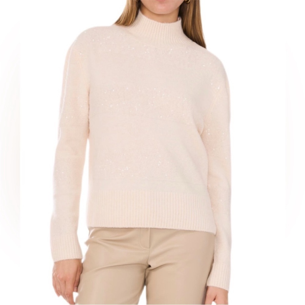 VINCE CAMUTO Cream Mockneck Neutral Sequins Stripe Cozy Knit Fall Winter Sweater
